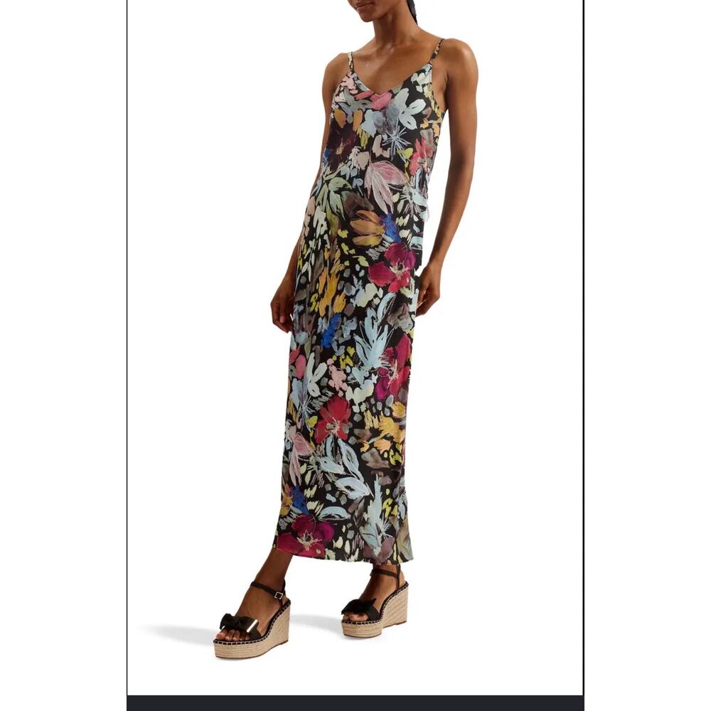 Ted Baker London Adamela Floral Maxi Dress Size 4 Black Multicolor Slip Dress